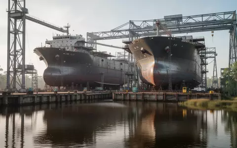 Ein großes, im Bau befindliches Schiffsgerüst in einer Werft in Louisiana bei natürlichem Tageslicht. - Foto: über boerse-global.de