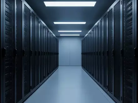 Industrielle Serverraum-Infrastruktur mit dunklen Serverschränken in kühler, blauer Beleuchtung. - Foto: über boerse-global.de