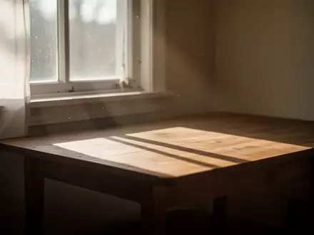 Sanftes Sonnenlicht fällt durch ein Fenster in einen ruhigen Raum und erzeugt warme Schatten auf einer Holzoberfläche. - Foto: über boerse-global.de