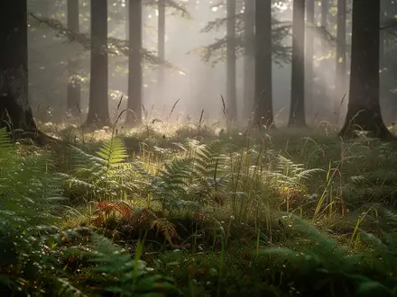 Ein sonnendurchfluteter Wald mit Farnen und hohem Gras im Spätsommer. - Foto: über boerse-global.de