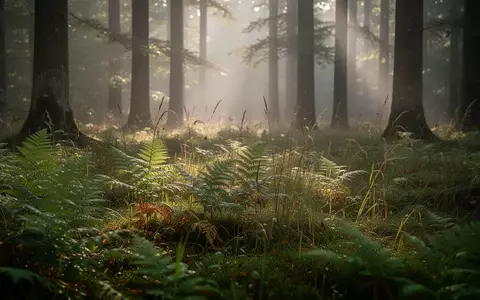 Ein sonnendurchfluteter Wald mit Farnen und hohem Gras im Spätsommer. - Foto: über boerse-global.de
