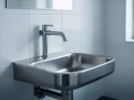 Ein minimalistisches, modernes Edelstahl-Waschbecken in einer sterilen medizinischen Einrichtung mit kühlem Licht. - Foto: über boerse-global.de