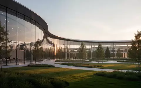 Die architektonische Fassade des Apple Park Campus bei goldenem Licht. - Foto: über boerse-global.de