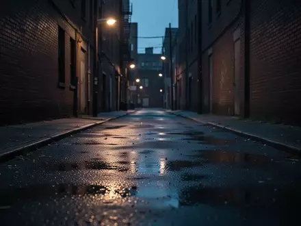 Eine menschenleere, düstere Gasse in der Dämmerung mit nassen Pflastersteinen und langen Schatten. - Foto: über boerse-global.de