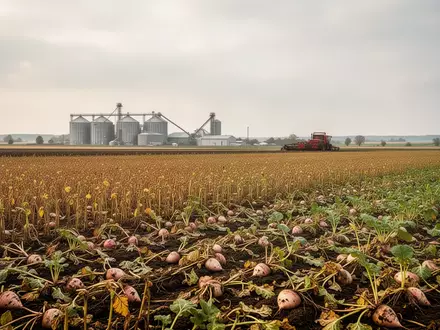 Weite Ansicht eines Zuckerrübenfeldes in Mecklenburg-Vorpommern bei bedecktem Himmel während der Erntesaison. - Foto: über boerse-global.de