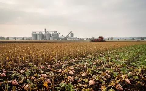 Weite Ansicht eines Zuckerrübenfeldes in Mecklenburg-Vorpommern bei bedecktem Himmel während der Erntesaison. - Foto: über boerse-global.de
