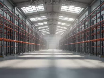 Weitläufiges, leeres Logistiklager mit hohen Regalsystemen und einfallendem Tageslicht. - Foto: über boerse-global.de