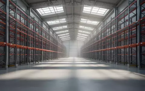 Weitläufiges, leeres Logistiklager mit hohen Regalsystemen und einfallendem Tageslicht. - Foto: über boerse-global.de