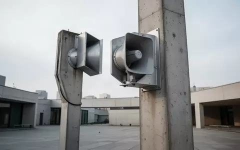 Eine moderne, minimalistische Notfallsirene auf einem Betonmast vor einem bewölkten Himmel in einem leeren Stadtgebiet. - Foto: über boerse-global.de