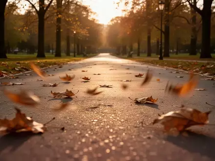 Ein einsamer, asphaltierter Weg in einem herbstlichen Park bei Sonnenuntergang, der die Dynamik und Bewegung beim Gehen symbolisiert. - Foto: über boerse-global.de