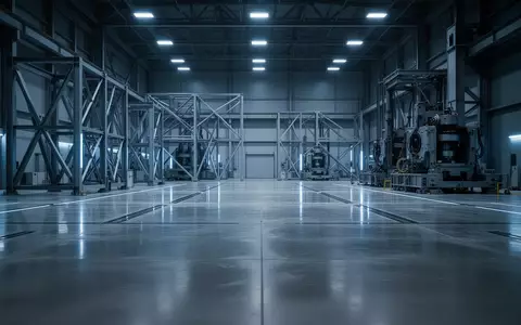 Eine weitläufige, minimalistische Industriehalle mit poliertem Betonboden und geometrischen Stahlstrukturen in kühlem Licht. - Foto: über boerse-global.de