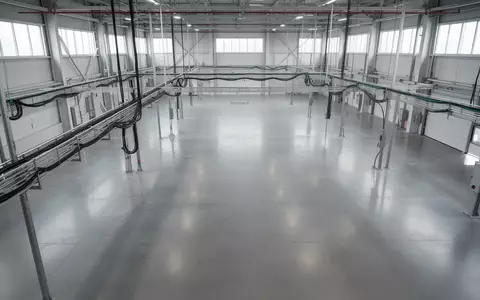 Eine weite, minimalistische Industriehalle mit poliertem Betonboden und komplexen Kabeltrassen an der Decke. - Foto: über boerse-global.de