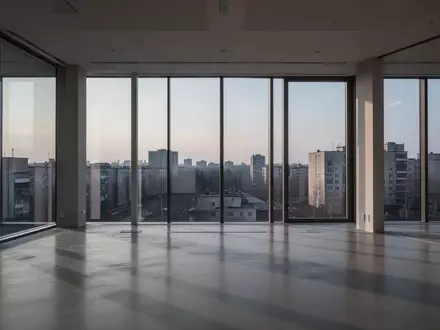 Ein leerer, minimalistischer Büroraum mit großen Fensterfronten und Blick auf eine urbane Umgebung bei Dämmerung. - Foto: über boerse-global.de