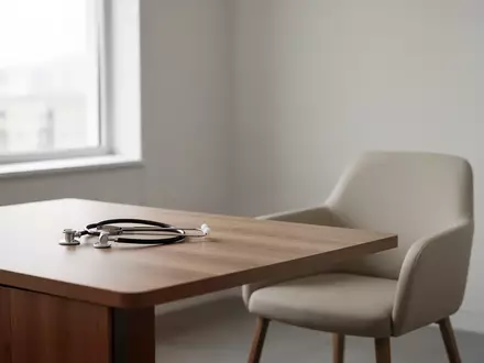 Ein minimalistisch eingerichtetes Arztzimmer mit einem Stethoskop auf einem Schreibtisch bei Tageslicht. - Foto: über boerse-global.de