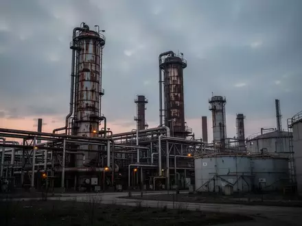 Eine weitläufige Industrieanlage mit stählernen Destillationstürmen und Rohrleitungen vor einem bewölkten Abendhimmel. - Foto: über boerse-global.de