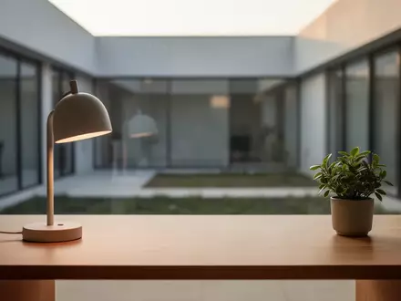 Ein minimalistischer, moderner Arbeitsplatz mit einem leeren Holztisch, einer Schreibtischlampe und einer Pflanze vor einem Fenster. - Foto: über boerse-global.de