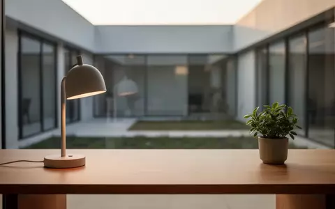 Ein minimalistischer, moderner Arbeitsplatz mit einem leeren Holztisch, einer Schreibtischlampe und einer Pflanze vor einem Fenster. - Foto: über boerse-global.de