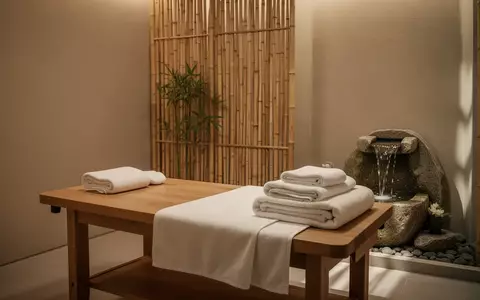 Ein ruhiger, minimalistischer Behandlungsraum mit einer leeren Massageliege, weißen Handtüchern und einem kleinen Brunnen. - Foto: über boerse-global.de