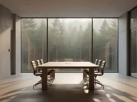 Ein minimalistischer, leerer Büro-Konferenzraum mit bodentiefen Fenstern und Blick auf einen ruhigen Wald. - Foto: über boerse-global.de