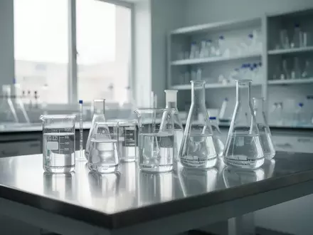 Laborumgebung mit Glasbechern und wissenschaftlichen Geräten auf einem Edelstahltisch in einem hellen, sterilen Raum. - Foto: über boerse-global.de