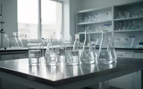Laborumgebung mit Glasbechern und wissenschaftlichen Geräten auf einem Edelstahltisch in einem hellen, sterilen Raum. - Foto: über boerse-global.de
