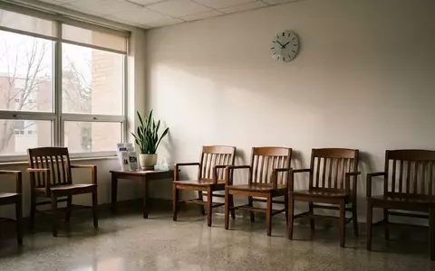 Ein leerer, minimalistischer Wartebereich in einer medizinischen Einrichtung mit schlichten Holzstühlen und Tageslicht. - Foto: über boerse-global.de