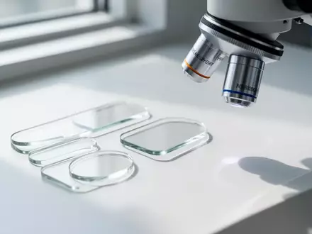 Ein steriler Labortisch mit Glasobjektträgern und einem Mikroskop in hellem, natürlichem Licht. - Foto: über boerse-global.de