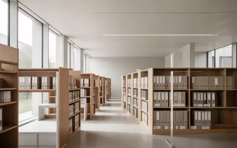 Minimalistisch gestalteter Bibliotheksraum mit hellen Holzregalen und einfallendem Tageslicht. - Foto: über boerse-global.de