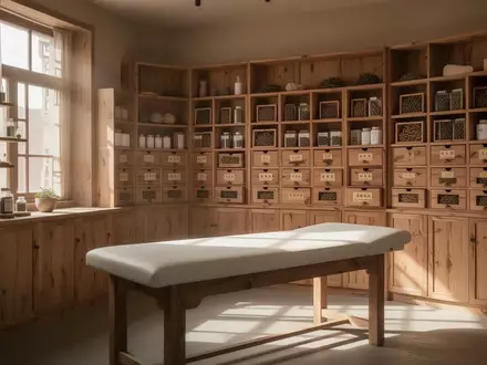 Ein minimalistisch eingerichteter Behandlungsraum für Traditionelle Chinesische Medizin mit Holzschränken und einem Untersuchungstisch. - Foto: über boerse-global.de