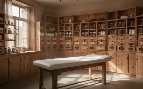 Ein minimalistisch eingerichteter Behandlungsraum für Traditionelle Chinesische Medizin mit Holzschränken und einem Untersuchungstisch. - Foto: über boerse-global.de