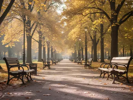 Ein sonniger Parkweg mit leeren Parkbänken im Herbst, der zu Bewegung und Spaziergängen einlädt. - Foto: über boerse-global.de
