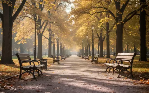 Ein sonniger Parkweg mit leeren Parkbänken im Herbst, der zu Bewegung und Spaziergängen einlädt. - Foto: über boerse-global.de