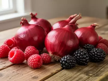 Frische rote Zwiebeln und Beeren auf einem hölzernen Küchentisch bei natürlichem Licht. - Foto: über boerse-global.de