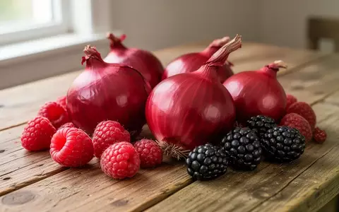 Frische rote Zwiebeln und Beeren auf einem hölzernen Küchentisch bei natürlichem Licht. - Foto: über boerse-global.de