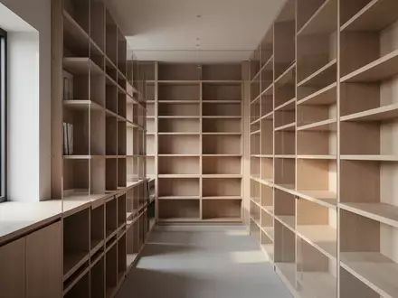 Ein minimalistisch gestalteter Archivraum mit leeren Holzregalen in hellem, natürlichem Licht. - Foto: über boerse-global.de