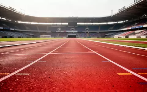 Eine leere, rote Kunststofflaufbahn in einem Stadion bei bewölktem Himmel. - Foto: über boerse-global.de