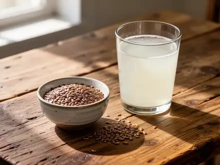 Ein Glas mit Kefir und eine Schale mit Leinsamen stehen auf einem Holztisch bei natürlichem Licht. - Foto: über boerse-global.de