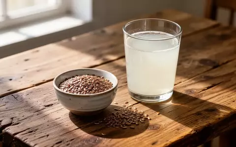 Ein Glas mit Kefir und eine Schale mit Leinsamen stehen auf einem Holztisch bei natürlichem Licht. - Foto: über boerse-global.de
