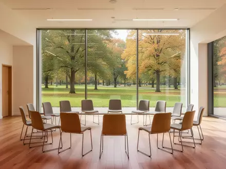 Ein heller, moderner Seminarraum in einem Bildungszentrum mit Blick in einen herbstlichen Park. - Foto: über boerse-global.de