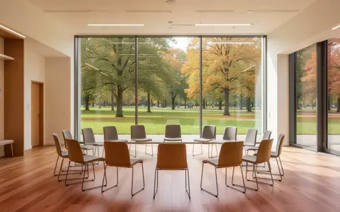 Ein heller, moderner Seminarraum in einem Bildungszentrum mit Blick in einen herbstlichen Park. - Foto: über boerse-global.de