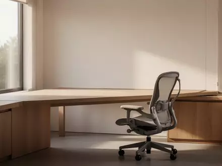 Ein minimalistisch eingerichteter, moderner Arbeitsplatz in einem hellen Raum mit einem leeren Schreibtisch und einem ergonomischen Stuhl. - Foto: über boerse-global.de