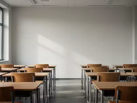 Ein leerer moderner Klassenraum mit ordentlich aufgestellten Schultischen und Stühlen in natürlichem Tageslicht. - Foto: über boerse-global.de