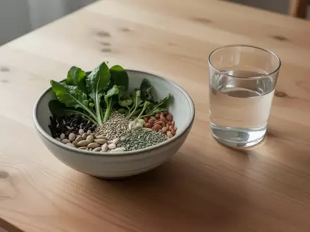 Eine minimalistische, morgendliche Szene mit einer Schale frischer Zutaten und einem Glas Wasser auf einem Holztisch. - Foto: über boerse-global.de