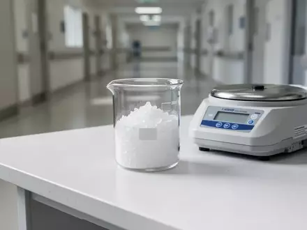Ein Glasbecher mit kristallinem Pulver auf einem Labortisch in einem klinischen Forschungsumfeld. - Foto: über boerse-global.de