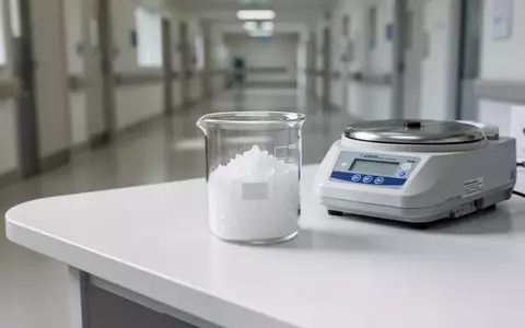 Ein Glasbecher mit kristallinem Pulver auf einem Labortisch in einem klinischen Forschungsumfeld. - Foto: über boerse-global.de