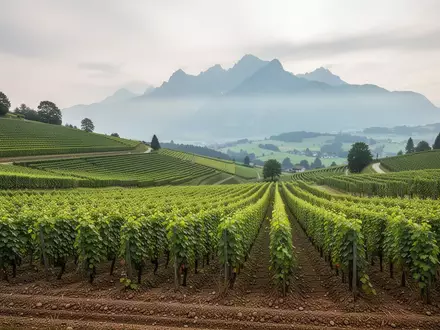 Weite, hügelige Schweizer Agrarlandschaft mit Feldern und im Hintergrund sichtbaren Bergen unter einem bewölkten Himmel. - Foto: über boerse-global.de