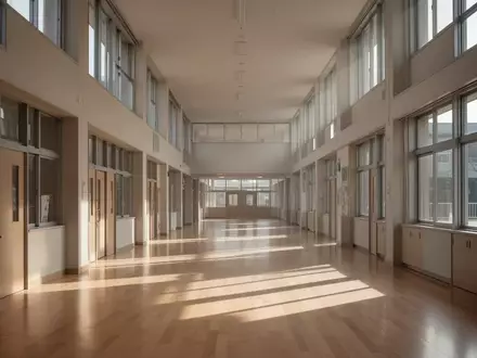 Ein heller, leerer Schulflur mit hohen Decken und großen Fenstern, durch die natürliches Licht auf den Holzboden fällt. - Foto: über boerse-global.de