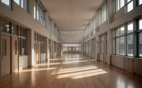 Ein heller, leerer Schulflur mit hohen Decken und großen Fenstern, durch die natürliches Licht auf den Holzboden fällt. - Foto: über boerse-global.de