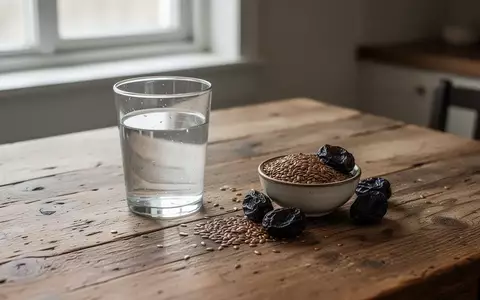 Ein Glas Wasser und eine Schale mit Leinsamen und Trockenpflaumen auf einem Holztisch bei natürlichem Licht. - Foto: über boerse-global.de