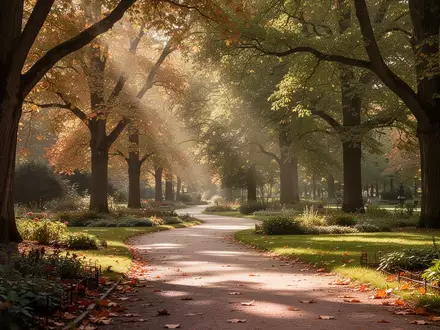 Ein ruhiger, sonnendurchfluteter Parkweg im Herbst, der sich durch einen Garten mit alten Bäumen schlängelt. - Foto: über boerse-global.de